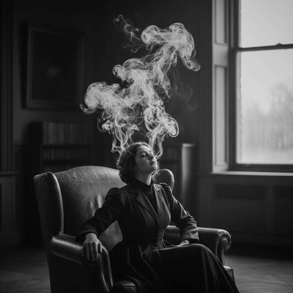 Black and white woman in armchair