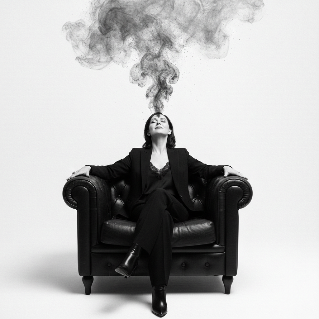 A striking black and white portrait features a woman with long f prompt