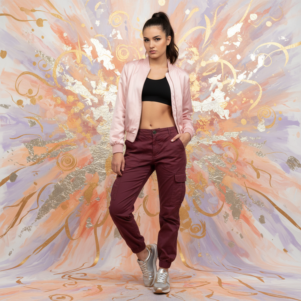 a young woman in a sporty-chic outfit prompt