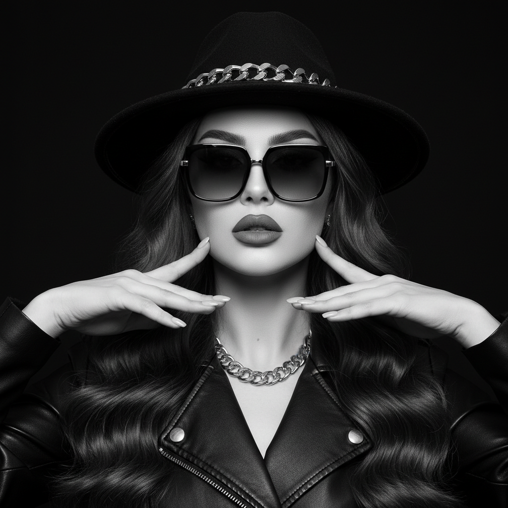 a black hat adorned with a silver chain prompt