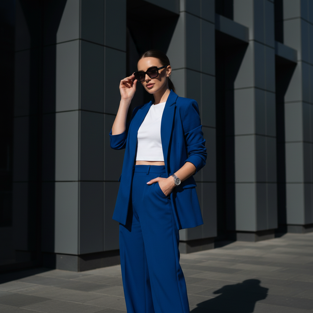 A stylish woman stands in front of a modern graytoned building prompt