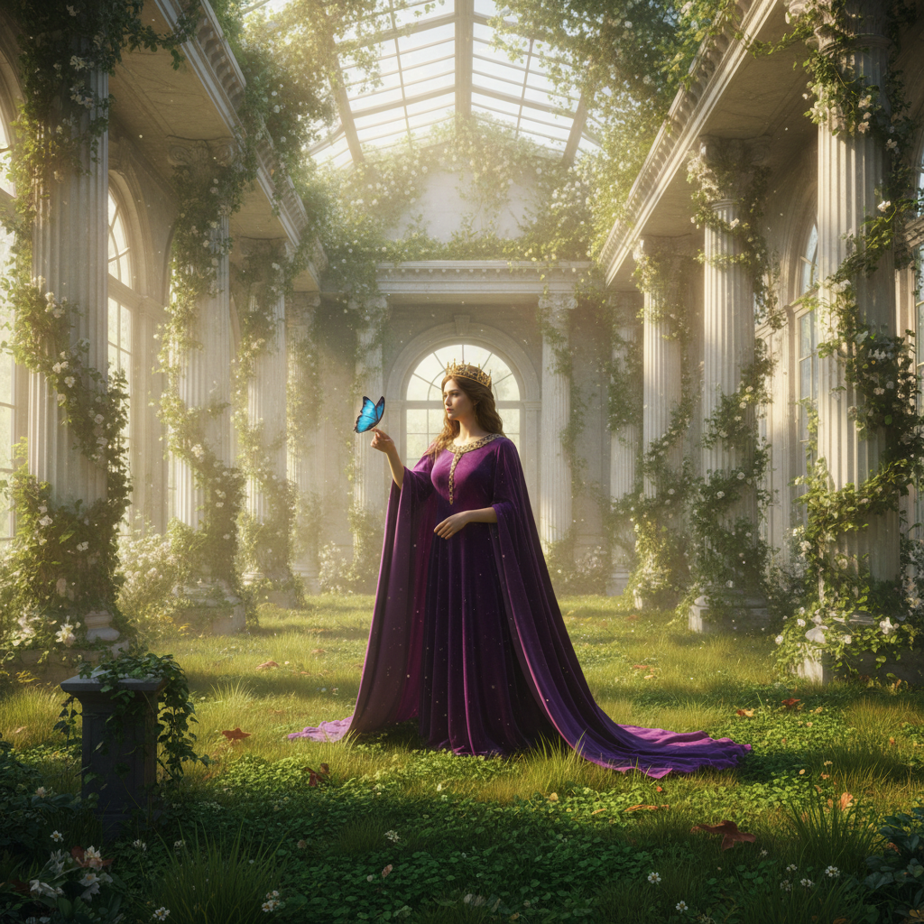 a woman in a long, flowing purple robe prompt