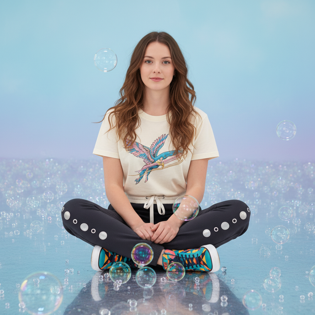 A young woman sits suspended above a sea of reflective bubbles e prompt