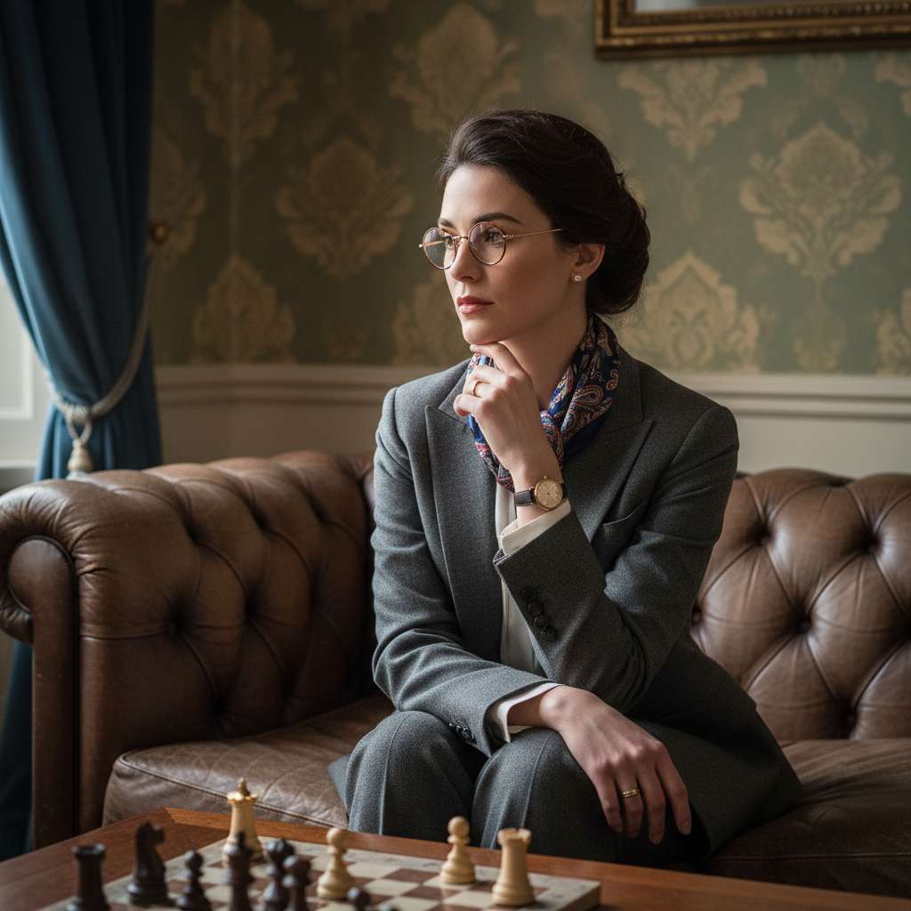 a sophisticated woman seated on a leather couch with a chessboar prompt