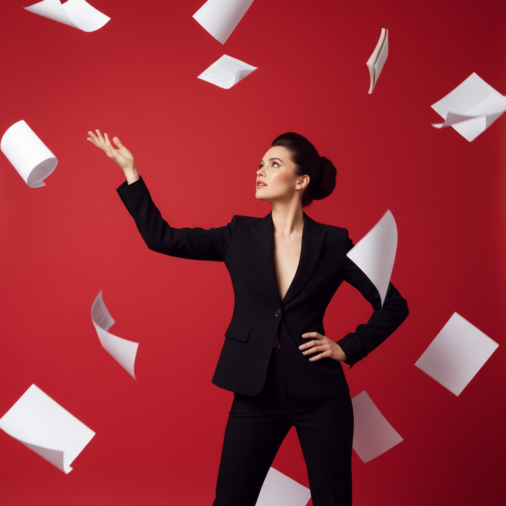 A striking portrait features a woman in a sleek black pantsuit prompt
