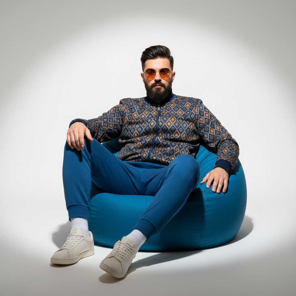 A handsome man with dark hair and a beard is sitting in a bean bag prompt