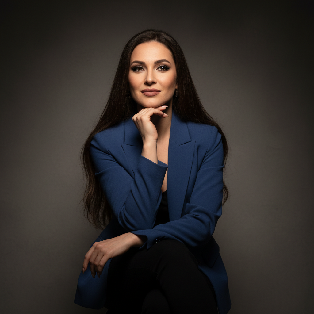 a woman in a blue blazer and black pants sitting with her hand under chin prompt
