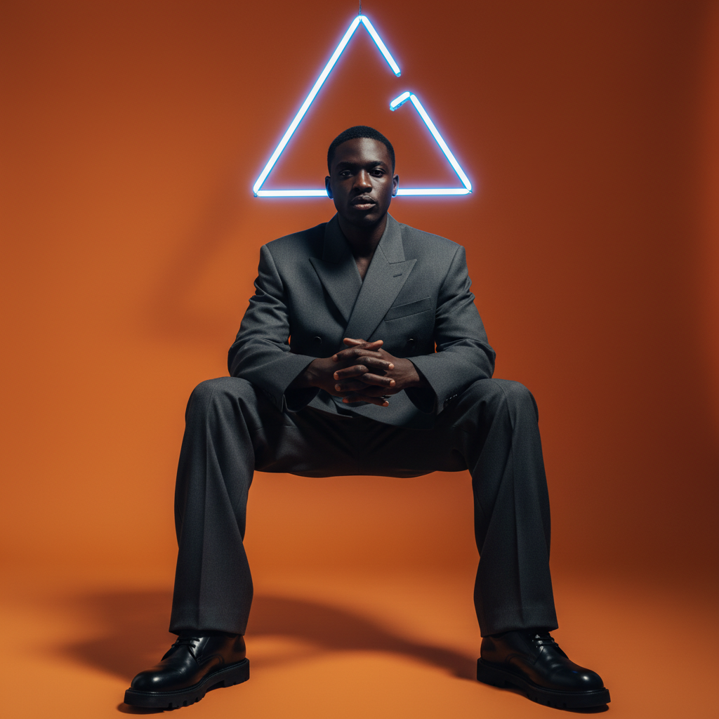 A portrait of a seated black man with his legs apart prompt