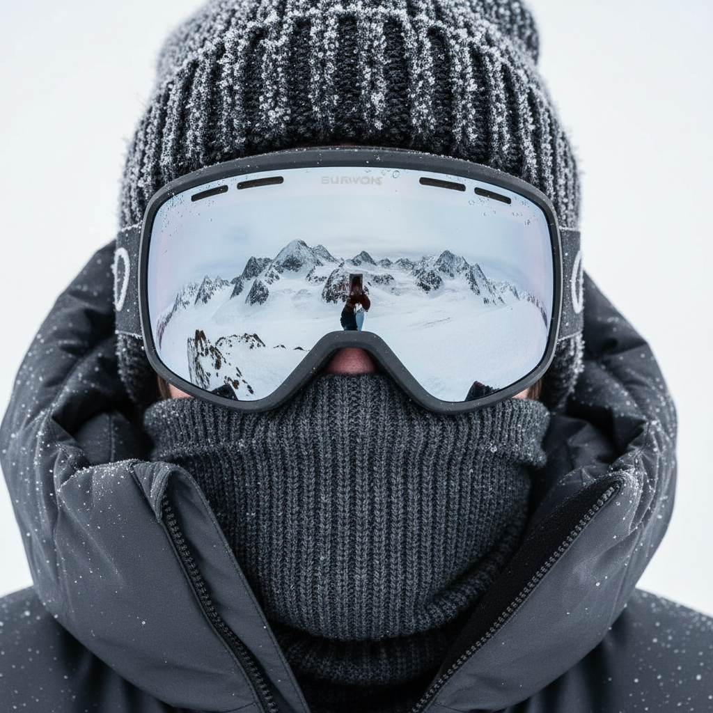 A closeup shot features a person wearing a dark beanie goggles prompt