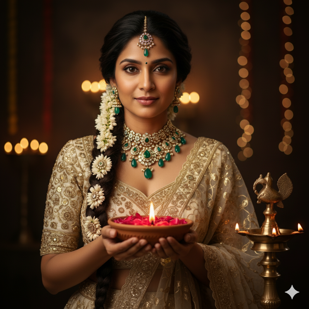 Elegant Photorealistic Portrait of Young Indian Woman in Cream and Gold Lehenga Holding Clay Bowl with Flame and Flower Petals