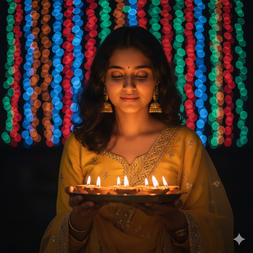 Dreamy Photorealistic Portrait of Young Woman in Yellow Salwar Holding Lit Diyas with Festive Bokeh Background