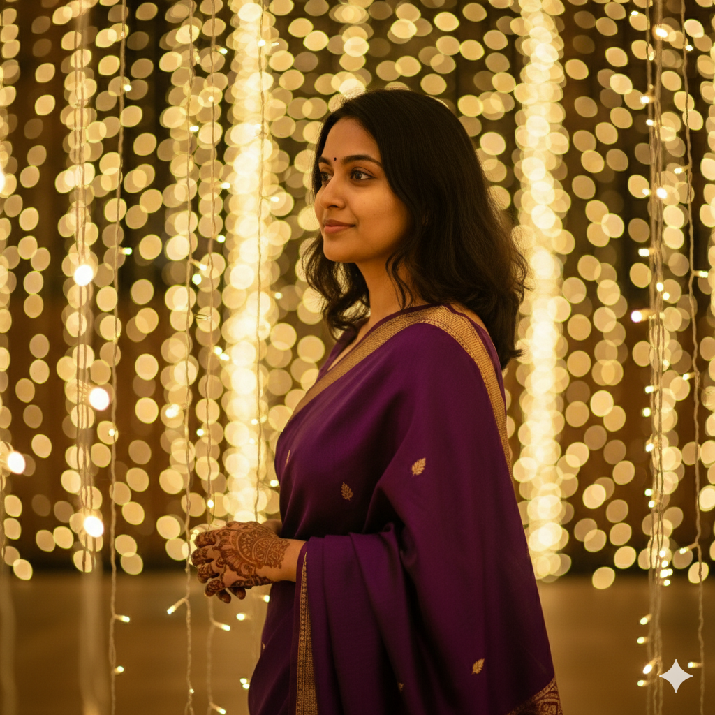 Elegant Photorealistic Side Profile Portrait of Young Woman in Purple Dress with Henna and Golden String Lights