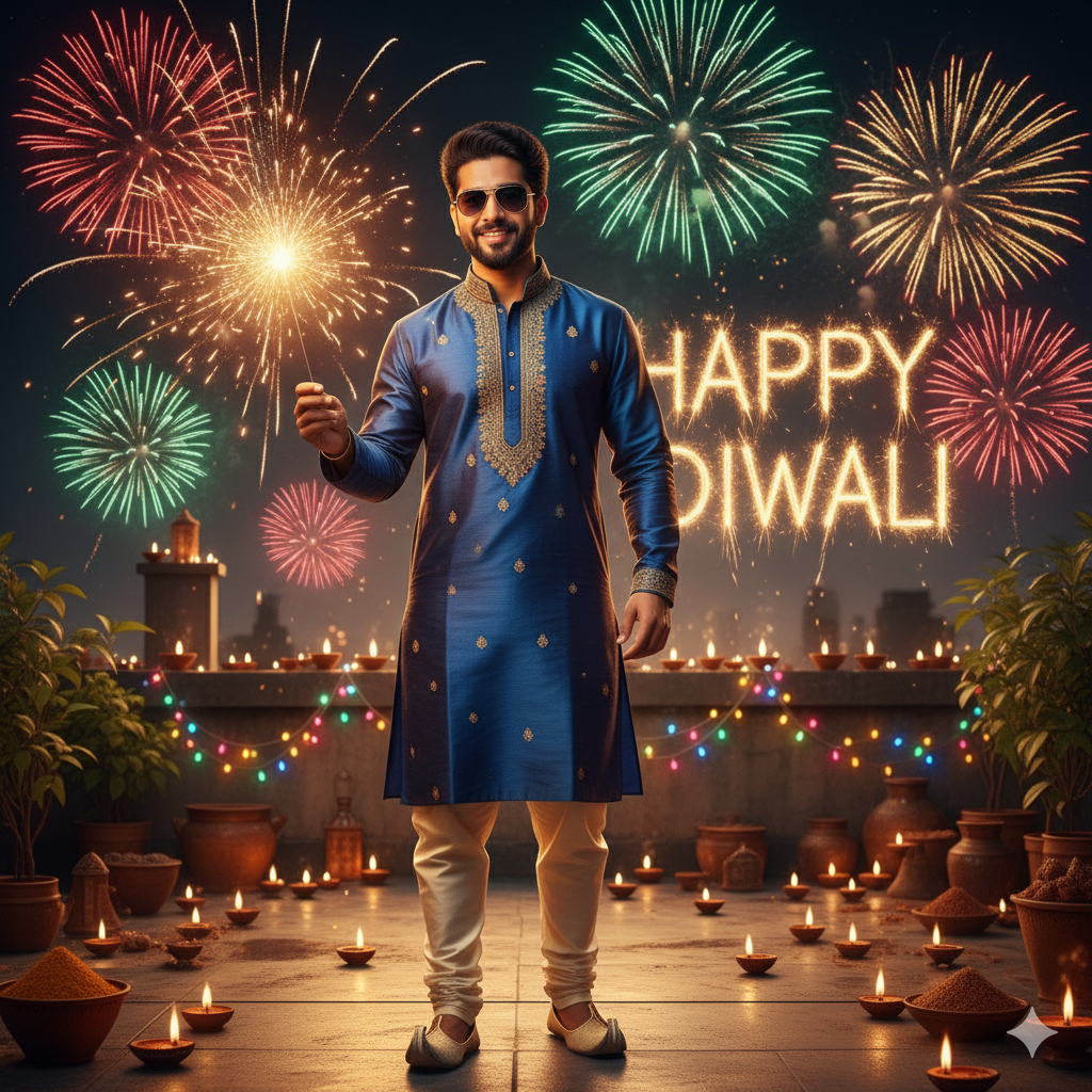 Hyper-Realistic 8K Portrait of Indian Man in Vibrant Kurta Lighting Fireworks for Diwali
