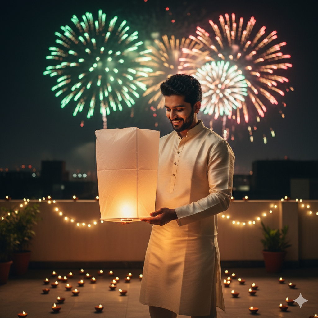 Cinematic Portrait of Indian Man in Cream Kurta Lighting Sky Lantern on Diwali Night