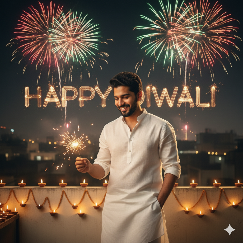 Diwali Men White Kurta Fireworks Portrait