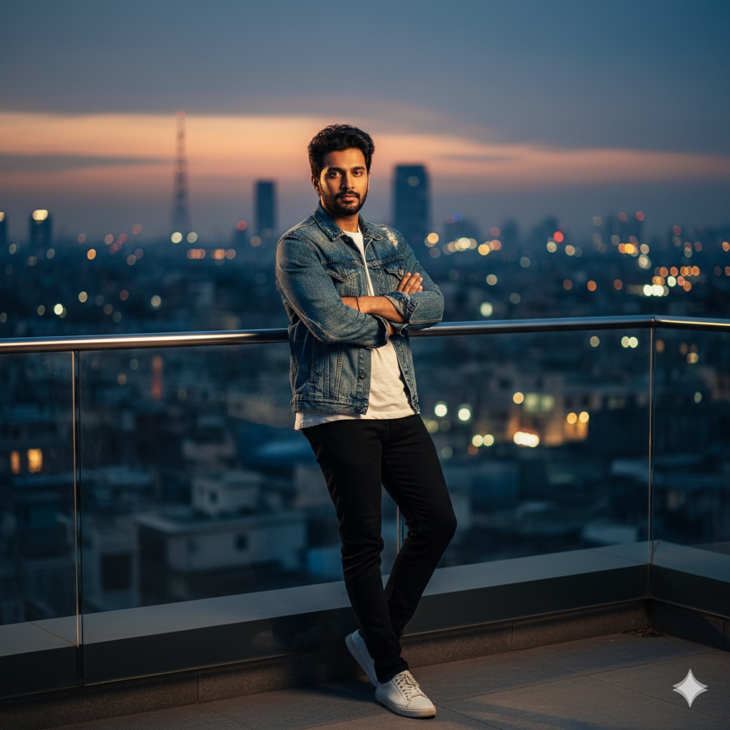 A cinematic rooftop portrait