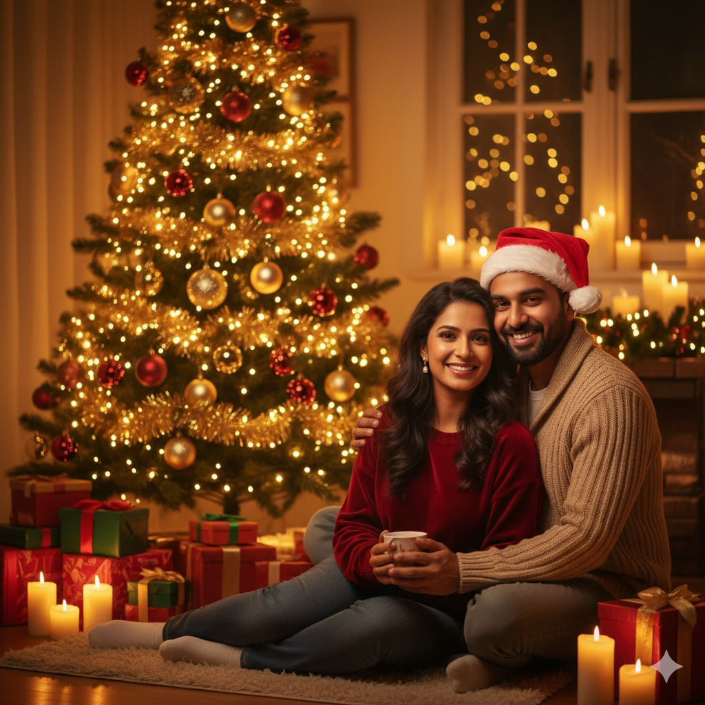 Indian couple celebrating Christmas indoors