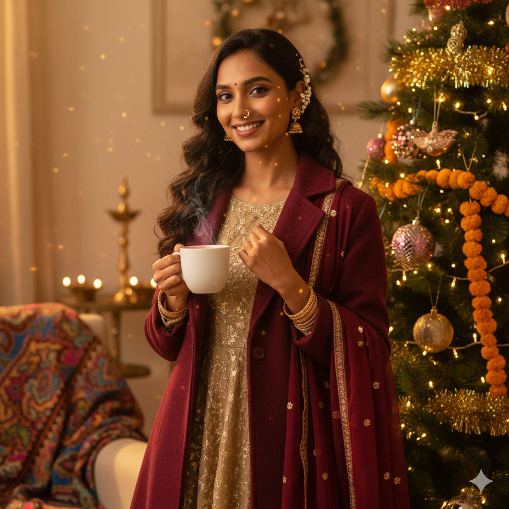 stylish Indian girl wearing a maroon wool coat