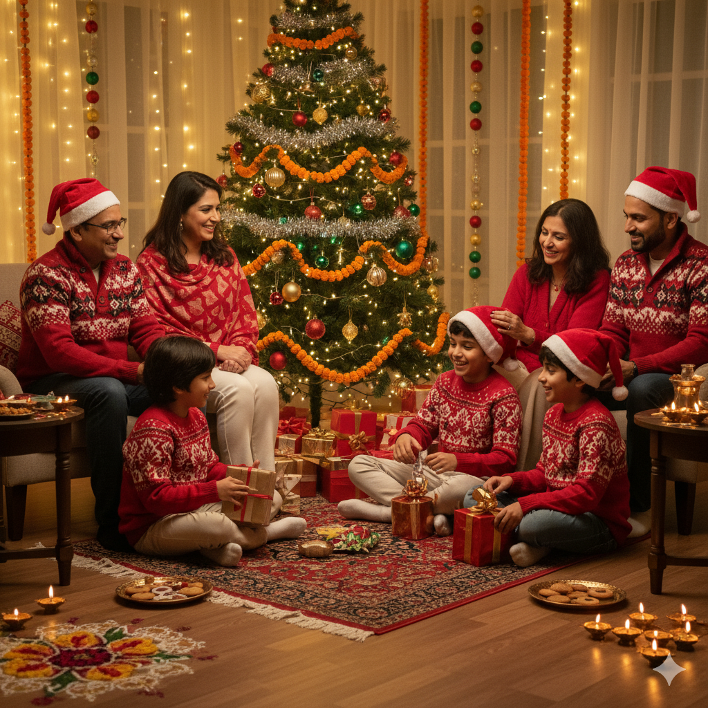 ndian family celebrating Christmas at home