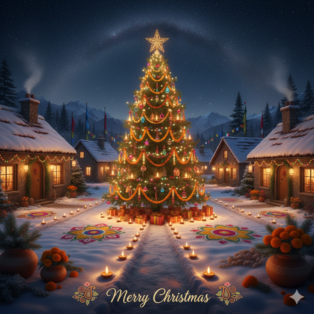 snowy village scene with an Indo-Western Christmas fusion