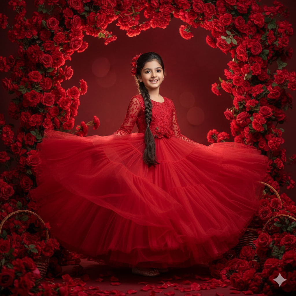 Red roses Red gown photoshoot prompt