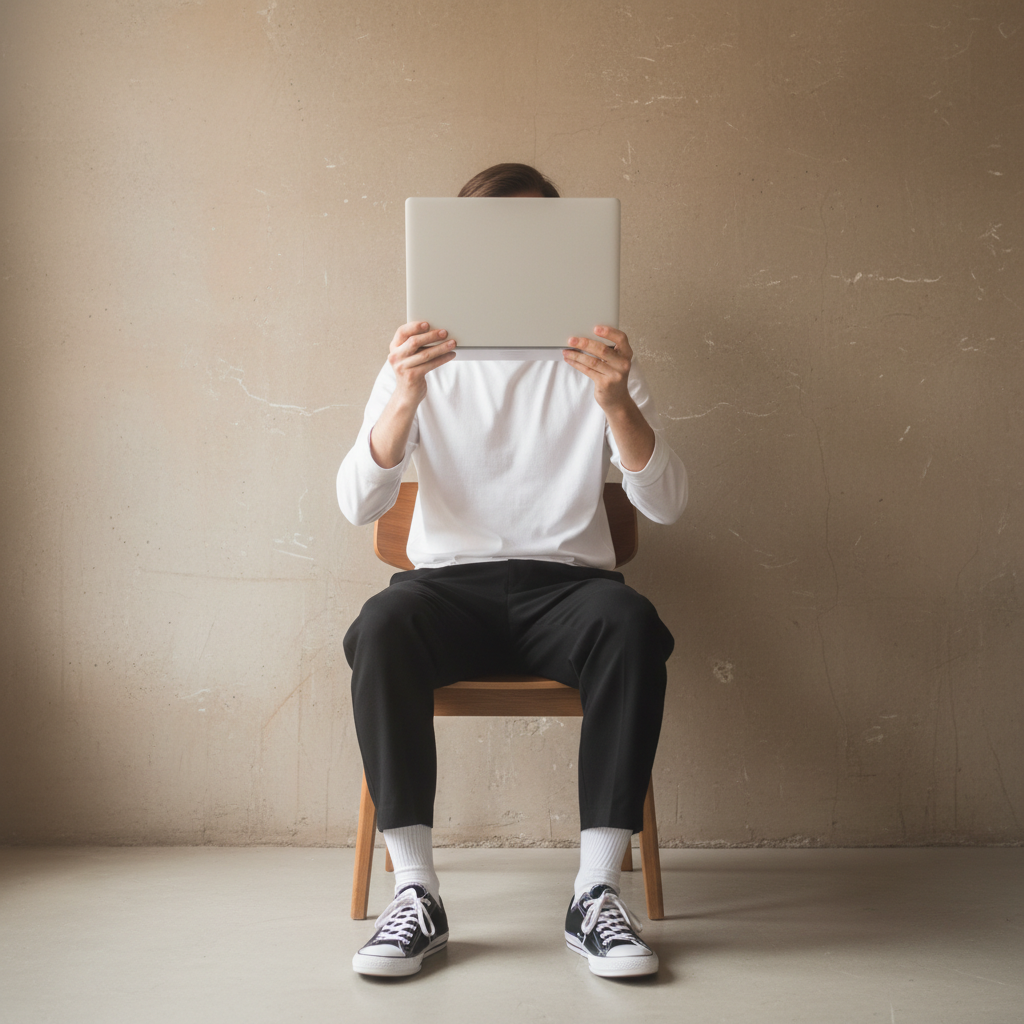 Person Hiding Face Behind Laptop on Chair Prompt