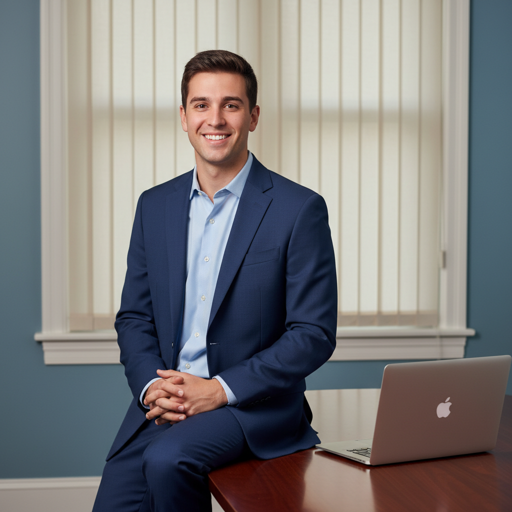Man In Suit Sitting On Table With Laptop Prompt