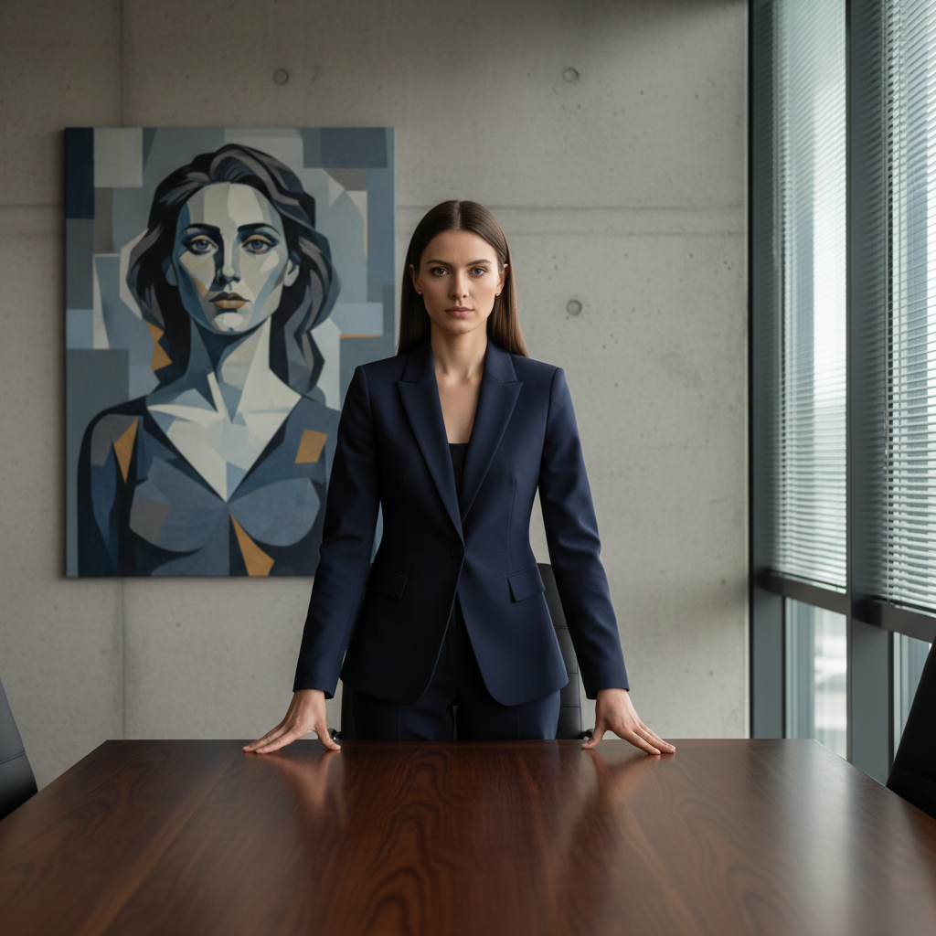 Confident Woman in Suit, Contemporary Office Portrait Prompt