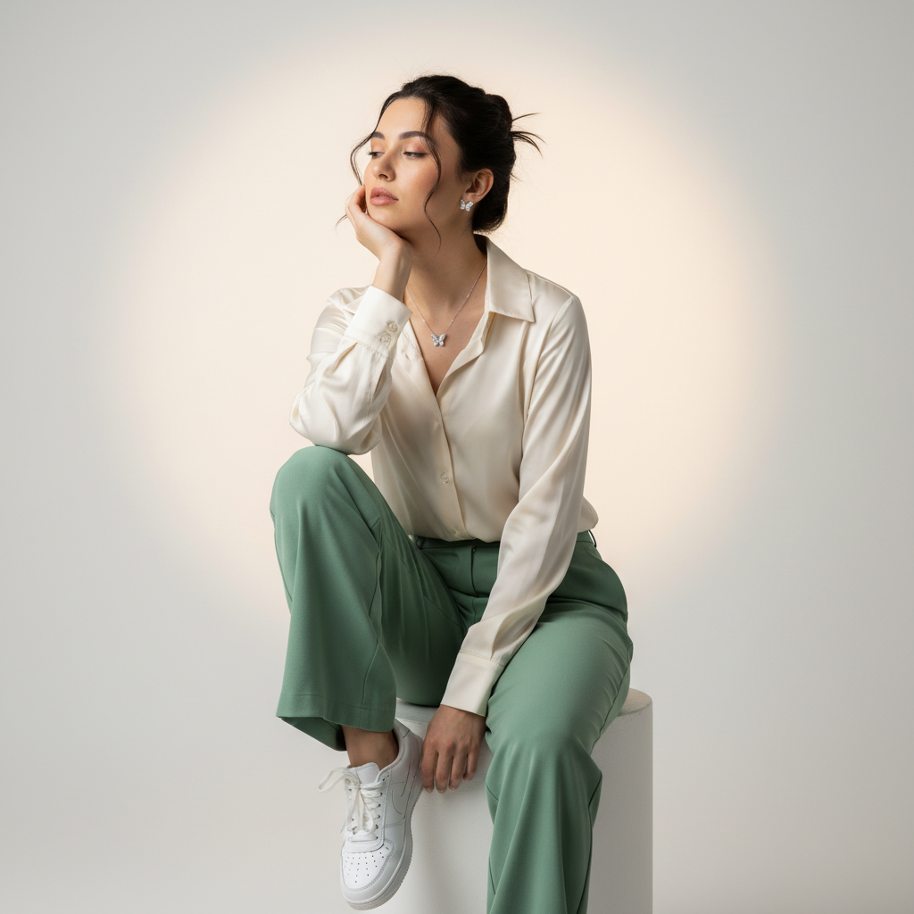 Fashion Portrait: Woman in Green Pants and Satin Shirt Prompt