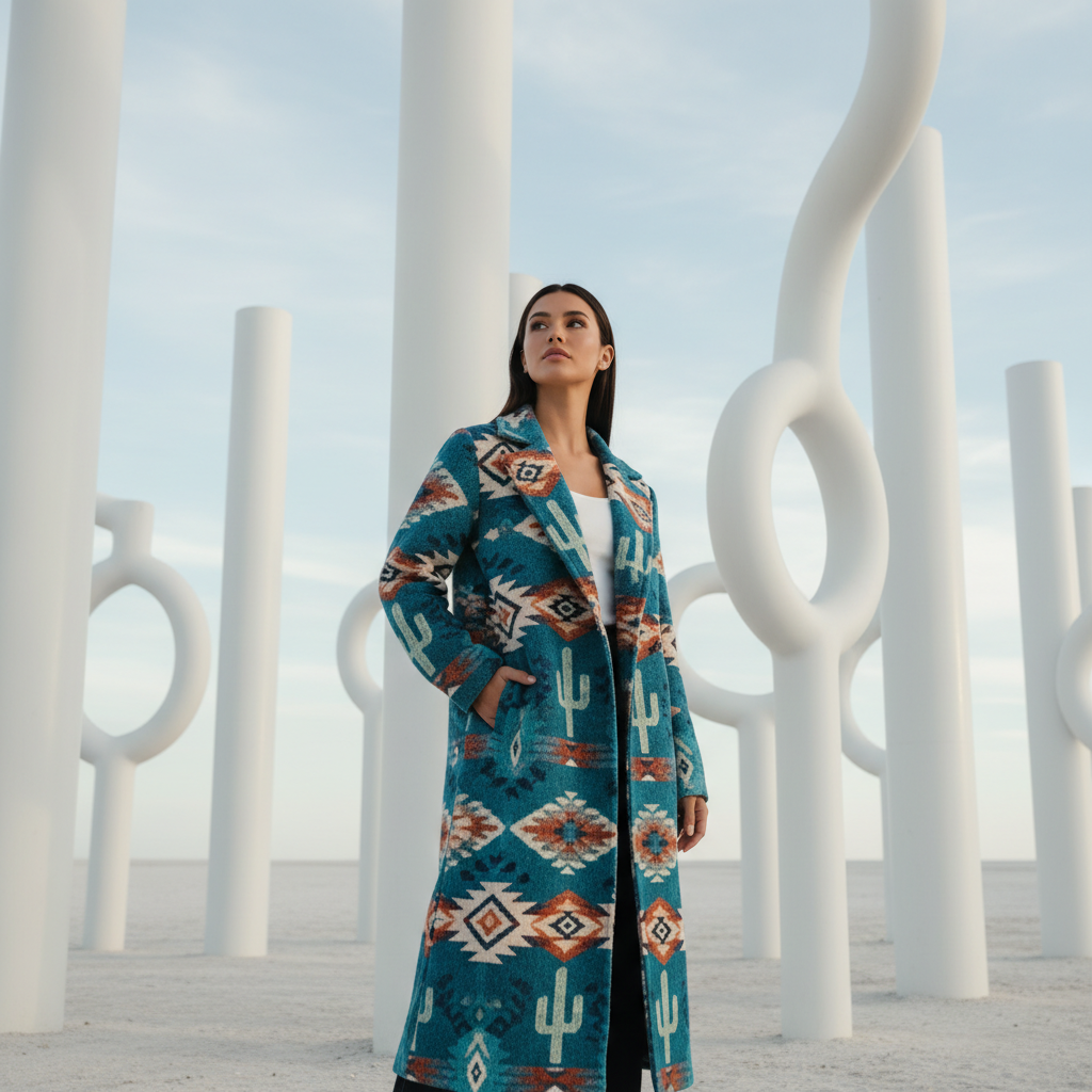 Geometric Coat Fashion In Surreal Minimalist Landscape Prompt