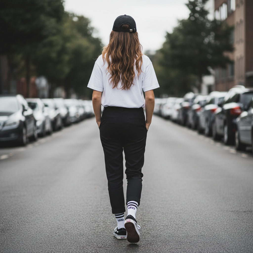 Woman Walking Away Street Style Casual Fashion Prompt