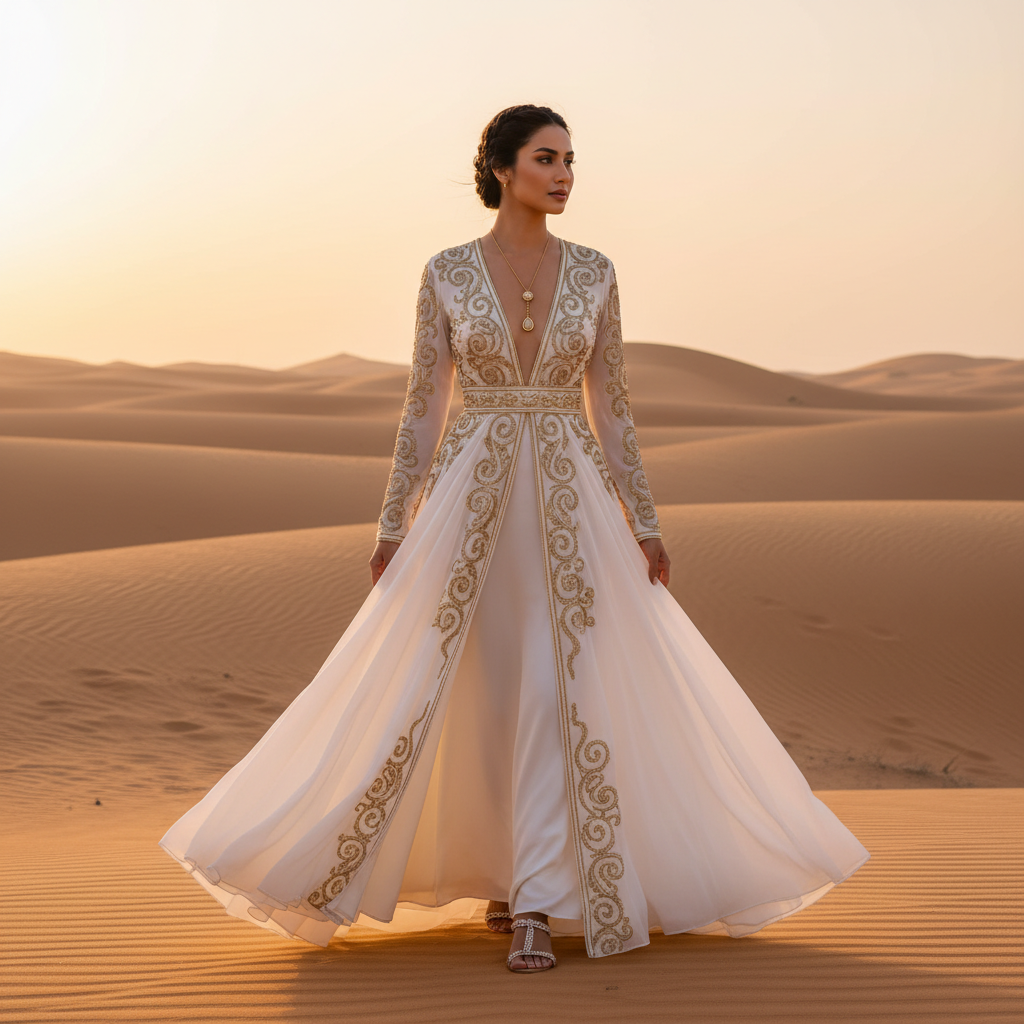 Desert Beauty: Woman in Flowing White Dress Prompt