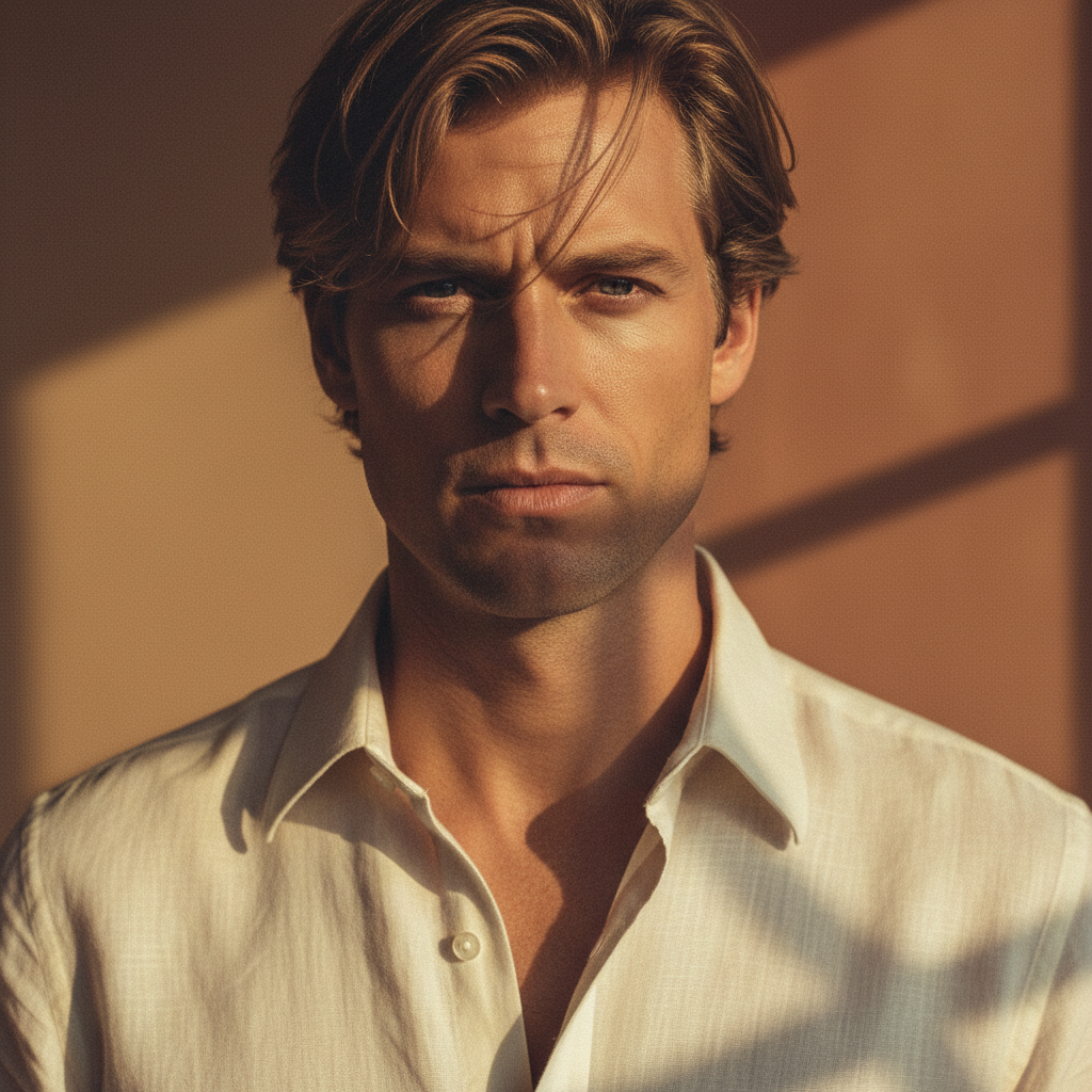 Close-Up Fashion Editorial Portrait of Man in Vintage Linen Shirt with Golden Sunlight and Retro Film Grain