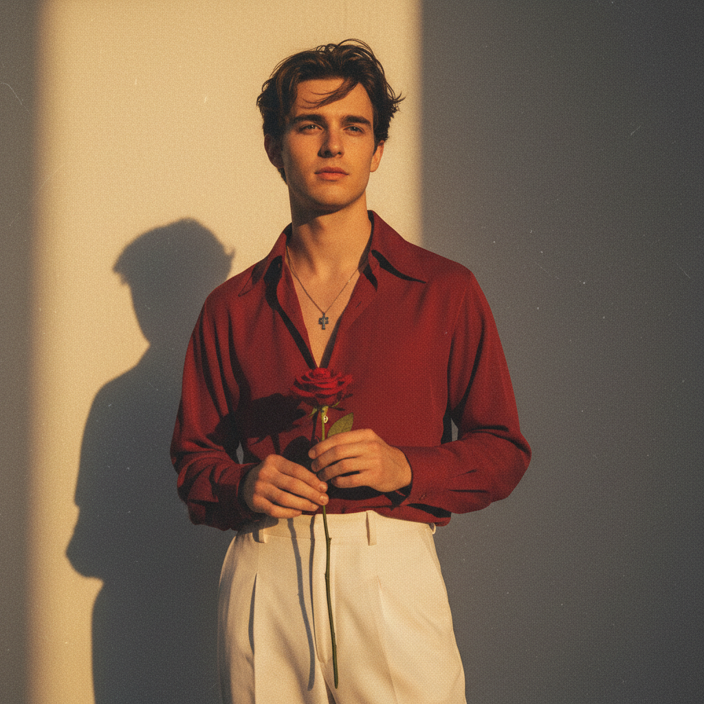 Retro Vintage Portrait of Young Man in Red Shirt and White Pants Holding a Rose with 90s Romantic Golden Hour Mood