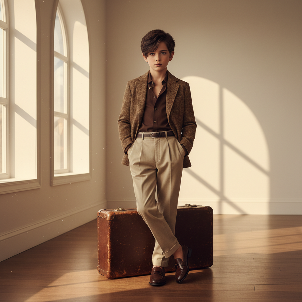 Stylish Retro Kid Portrait Leaning on Vintage Suitcase