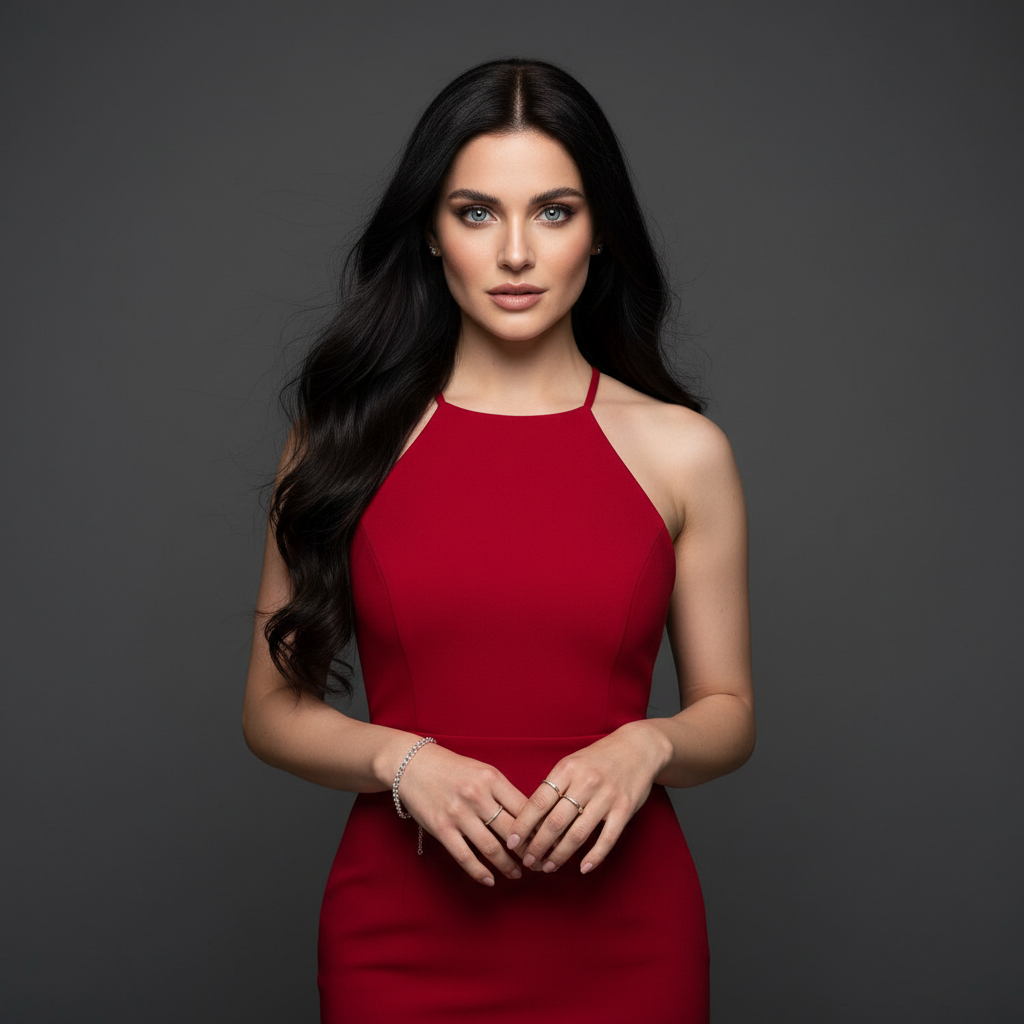 Woman in Red Dress: Elegant Studio Portrait Prompt