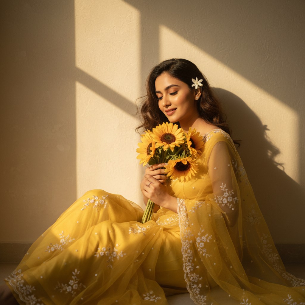 Soft Sunlit Portrait in Yellow Saree with Sunflowers