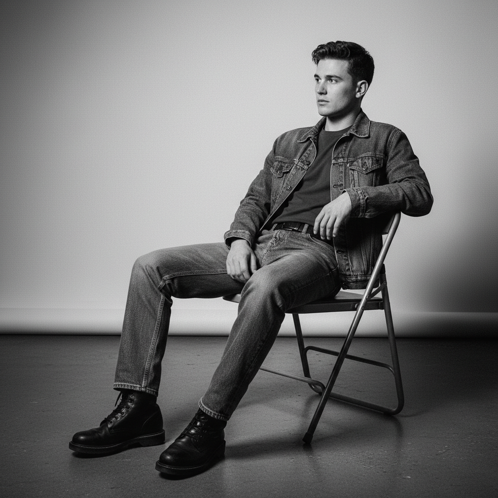 Black-and-White Studio Portrait Sitting on Folding Chair