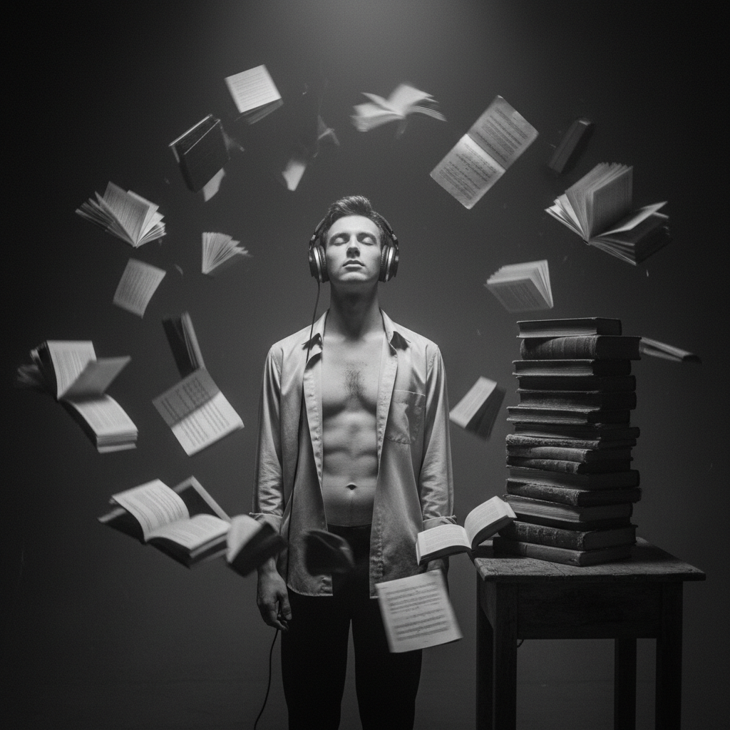 Surreal Black-and-White Cinematic Portrait with Floating Books