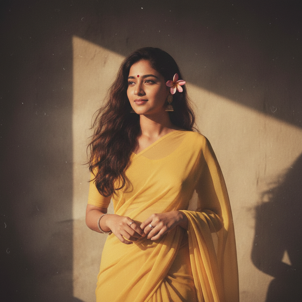 Retro 90s Cinematic Portrait of Girl in Yellow Saree