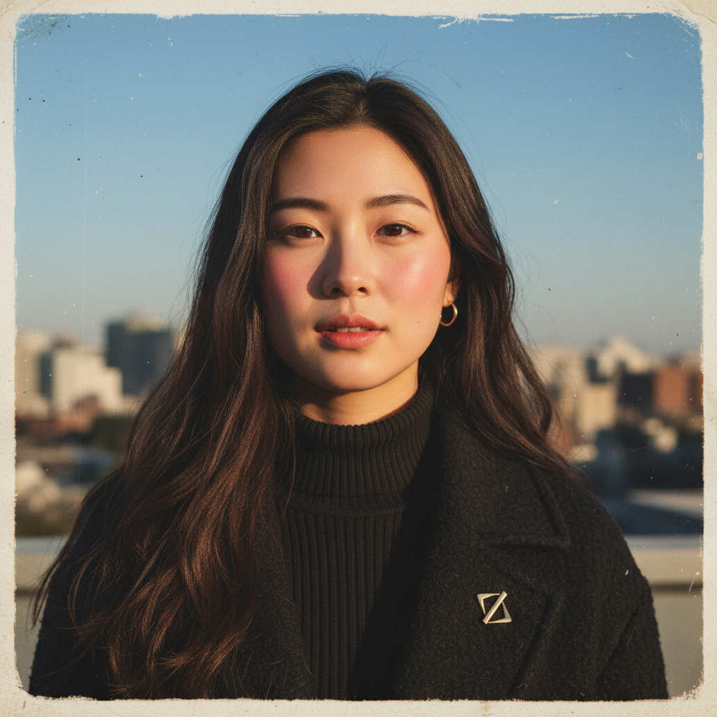 Serene Young Woman's Portrait Against Urban Backdrop Prompt