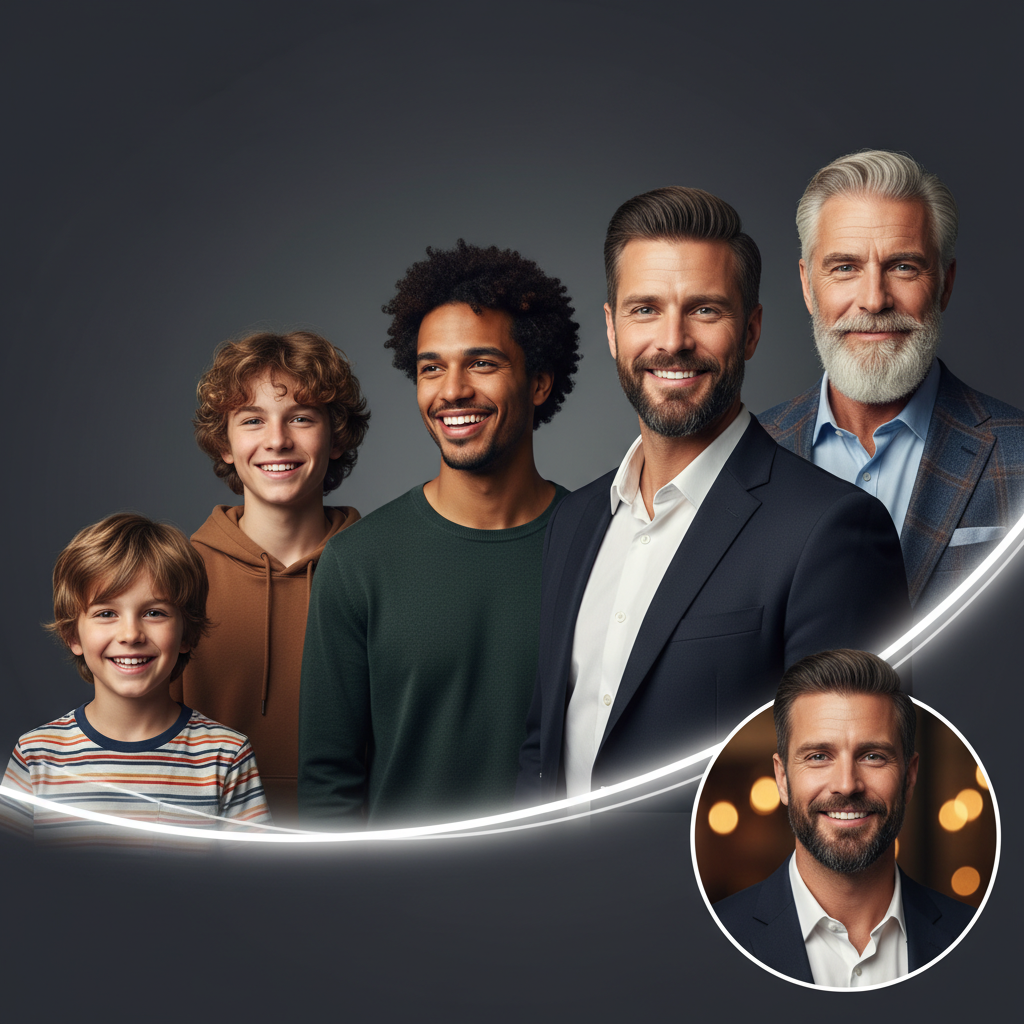 Men at Different Ages Smiling Confidently Prompt