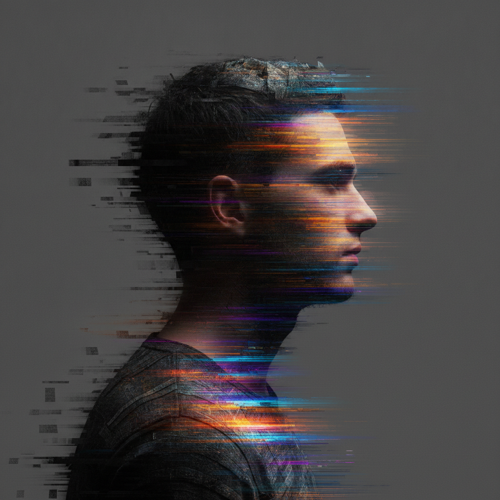 Vibrant Glitched Profile Portrait with Digital Pixel Sorting Prompt