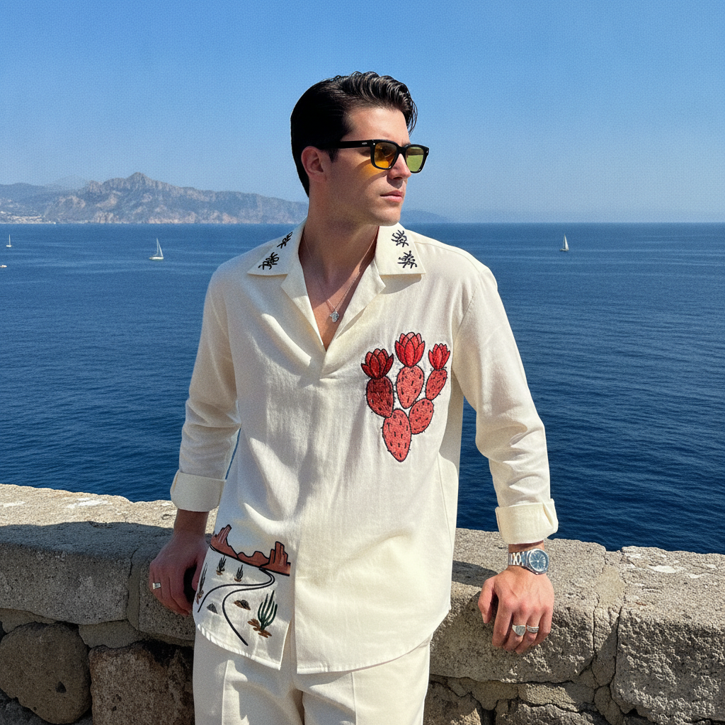 Stylish Man in Embroidered Shirt Overlooking the Ocean Prompt