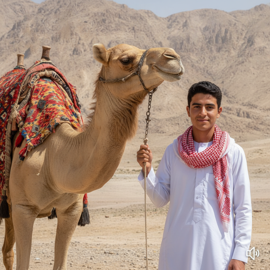 Traditional Man Poses with Camel in Desert Mountains Prompt