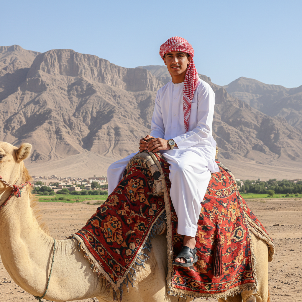 Cultural Portrait of Man on Camel in Arid Mountains Prompt