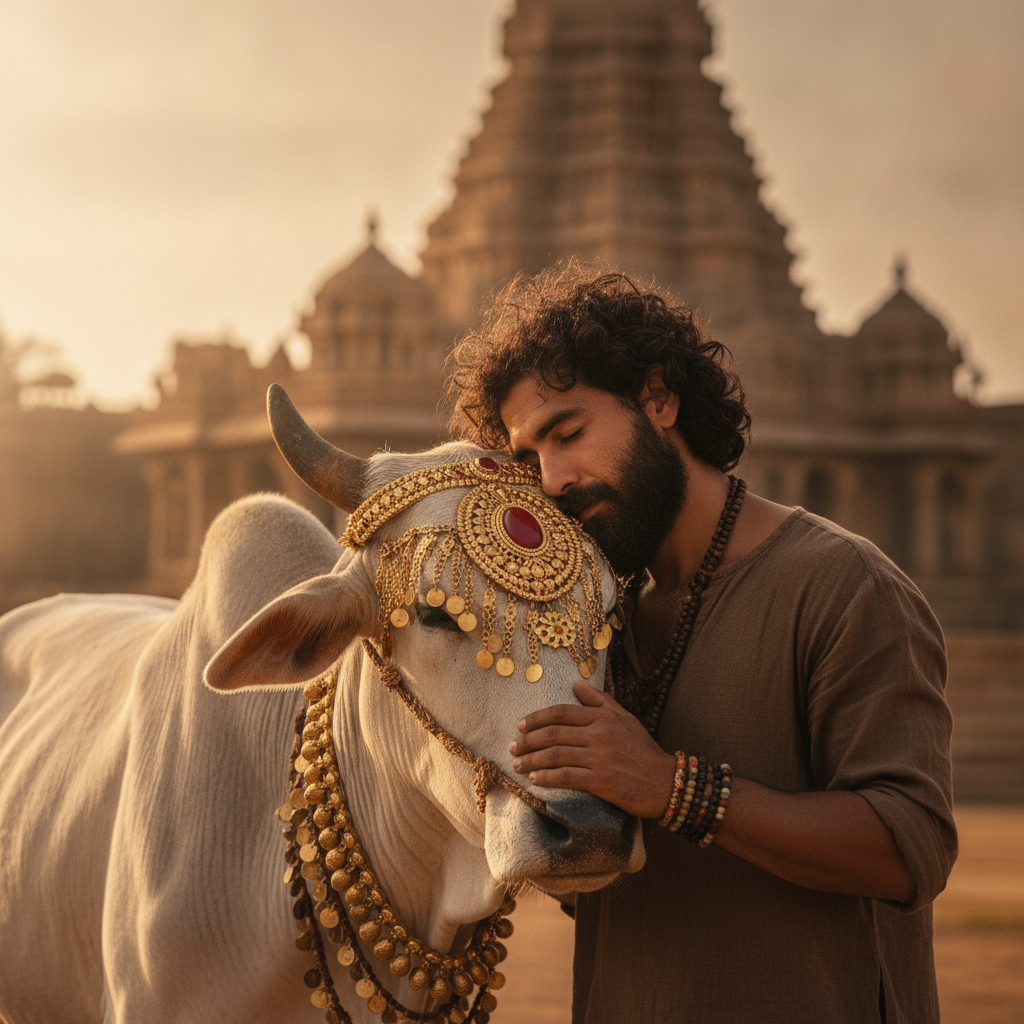 Peaceful Embrace Man and Sacred Cow at Ancient Temple Prompt