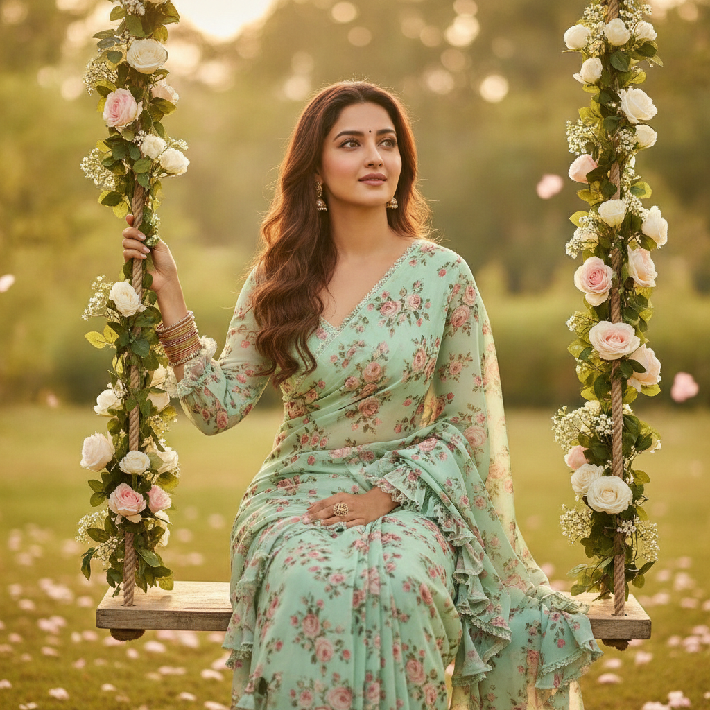 Graceful Woman in Floral Saree on Garden Swing Prompt