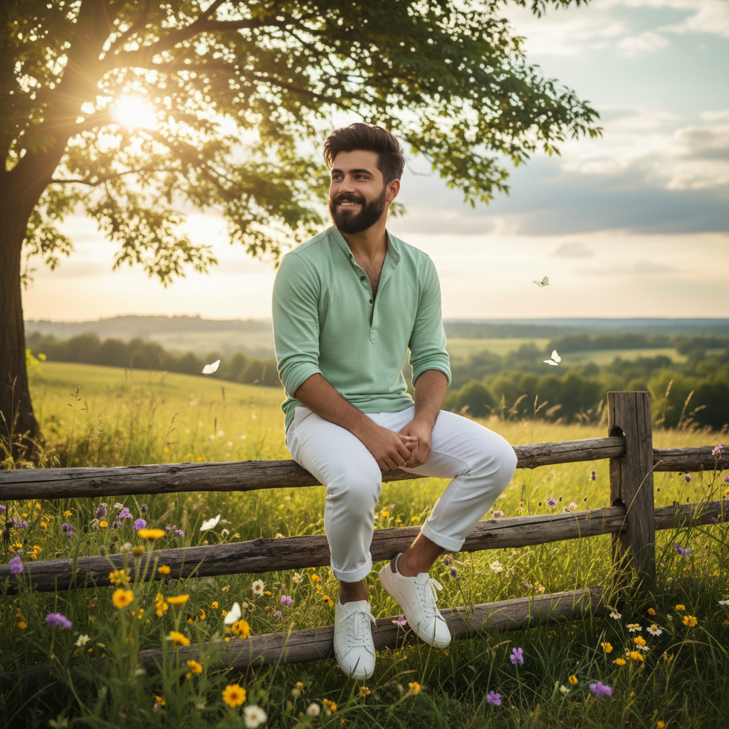 Relaxed Man in Green Shirt on Rustic Fence at Sunset Prompt