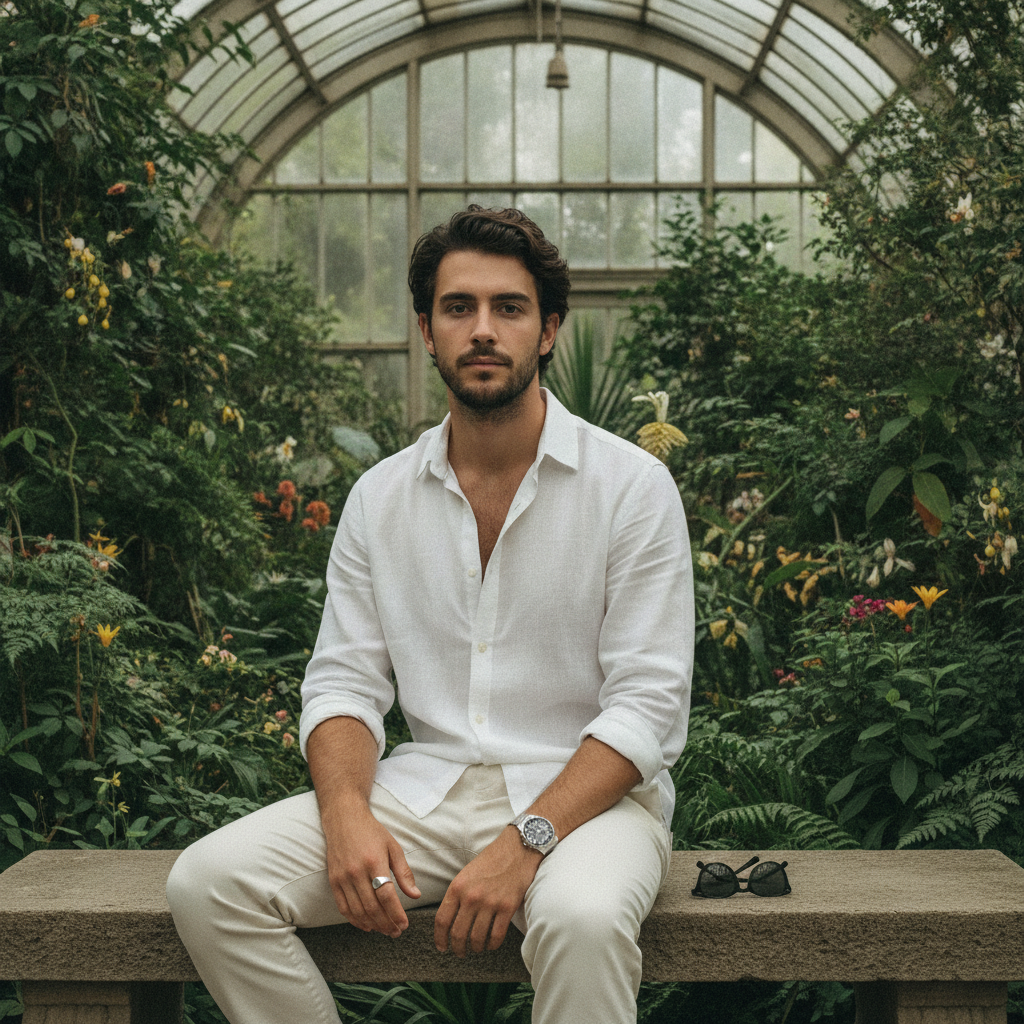 Stylish Man Posing In Lush Greenhouse Prompt